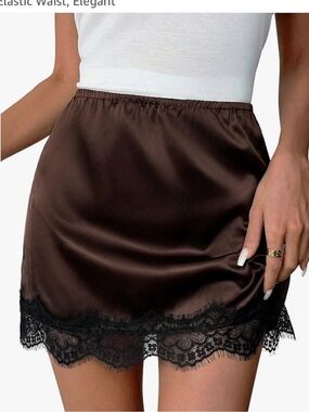 Satin Mini Slip Skirt with Lace Trim - Chocolate Brown
